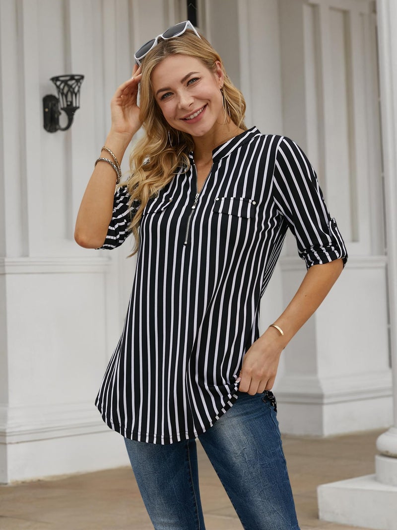 BEPEI Women Tops and Blouses,Misses 3/4 Sleeve Fitted Top Youth Button Down Black White Striped Shirt Loose Bottom Soft Tunic Fashion 2025 Spring Trendy Dressy Casual Work Office Clothing M - Image 4